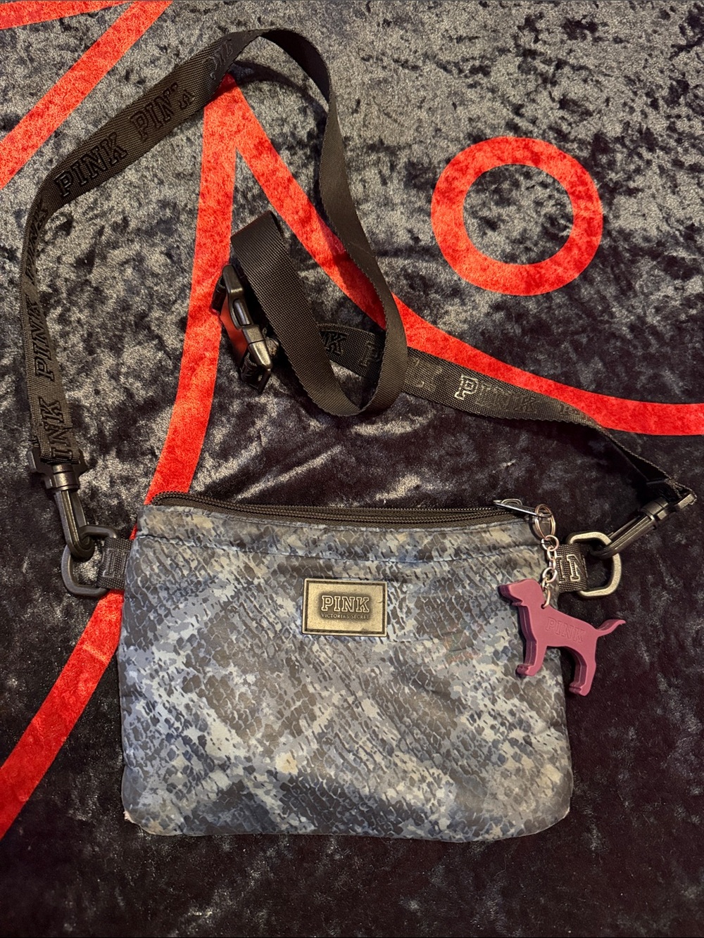 PINK Victoria's Secret gray/blue Snake-Print Crossbody with Pink Dog Charm